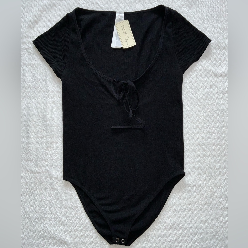 Forever 21 black front tie short sleeve bodysuit